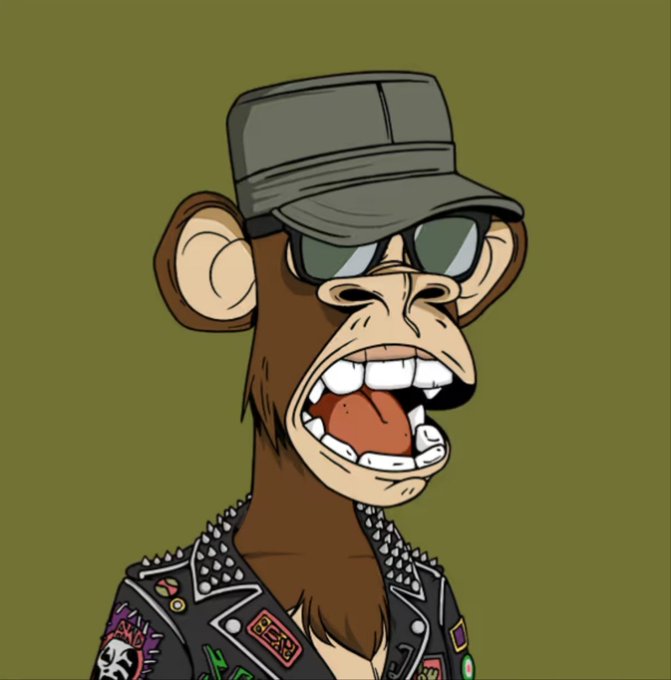 A cartoon illustration of a Bored Ape-style monkey wearing a gray cap, sunglasses, and a spiked black leather jacket with patches, set against an olive green background.