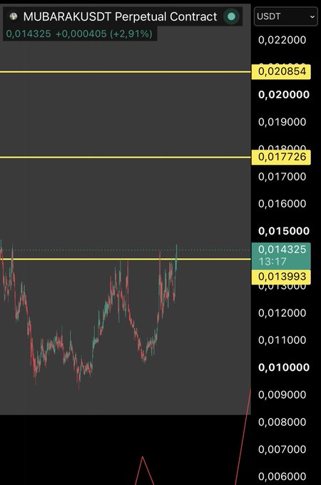 A candlestick chart shows the MUBARAK/USDT perpetual contract trading in a sideways range between approximately 0.013993 (support) and 0.017726 (resistance), with the current price at 0.014325 (+2.91%), illustrating the $MUBARAK trading range mentioned.