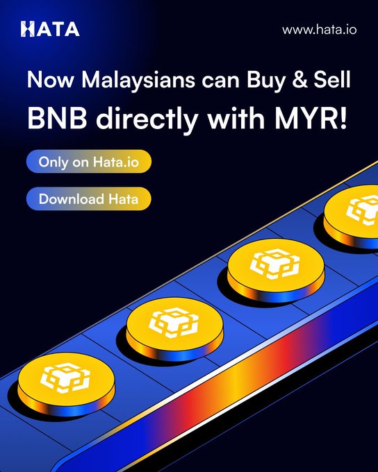 A HATA cryptocurrency advertisement with text 'Now Malaysians can Buy & Sell BNB directly with MYR!' showing BNB coins on a conveyor belt graphic, with www.hata.io website.