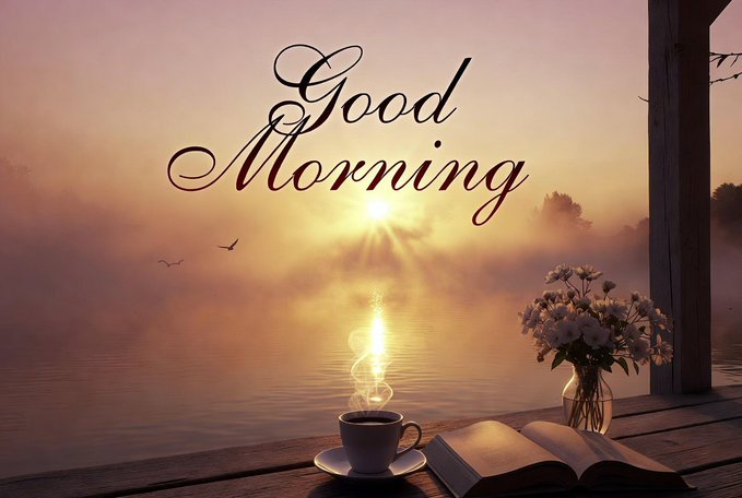 This serene image features the text "Good Morning" overlaid on a misty sunrise over water, with a cup of coffee and a book on a wooden deck, perfectly setting the mood for the accompanying Sunday greeting.