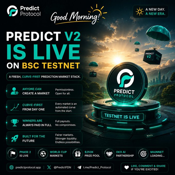 A promotional graphic announces 'PREDICT V2 IS LIVE ON BSC TESTNET' for the Predict Protocol, featuring a 3D logo and listing features like permissionless market creation and a $250K prize pool.