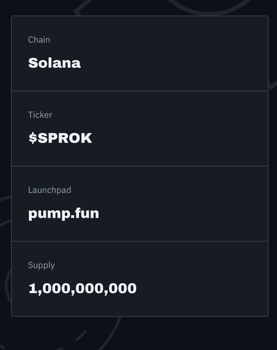 A token information card showing the $SPROK token on Solana chain, launched via pump.fun with a supply of 1,000,000,000.