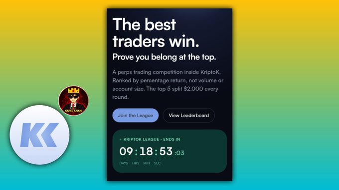 A promotional graphic for a KriptoK trading competition with the text 'The best traders win. Prove you belong at the top,' featuring a countdown timer of 09:18:53.03 and a KK logo.