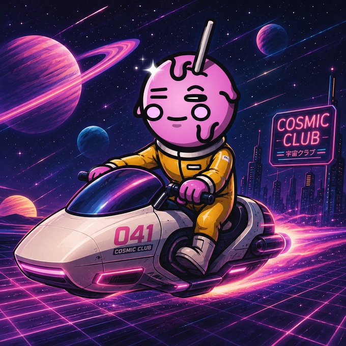 A vibrant digital illustration of a pink, melting ice cream-headed character in a yellow spacesuit riding a futuristic white and pink hoverbike labeled '041 COSMIC CLUB' against a cosmic background with planets and a neon cityscape.