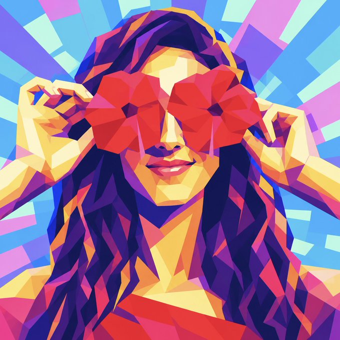 A vibrant, geometric pop-art style illustration of a woman with long purple hair wearing large red heart-shaped sunglasses against a blue background.