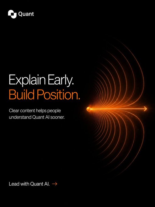 The image features a black background with orange lines, creating an interesting visual effect that draws attention to the text "Explain Early. Build Position." The text is written in white, making it stand out against the dark backdrop. Below this, there's a caption that reads "A year from now, nobody will remember who tweeted about Quant AI after it became popular. @tryquantio People will remember who helped them understand it before it did. That'S the hidden advantage of being early." The image is accompanied by an arrow pointing to the right side, directing viewers towards the caption and emphasizing its importance.