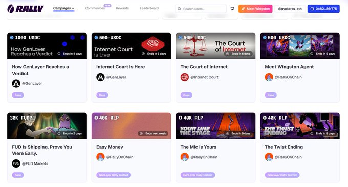The image shows the Rally platform's Campaigns page featuring 8 active campaigns offering rewards in USDC and RLP tokens (ranging from 500 USDC to 40K RLP), with projects like GenLayer's "How GenLayer Reaches a Verdict," Internet Court's "Internet Court is Live," and several Rally On Chain campaigns ("Easy Money," "The Mic Is Yours," "The Twist Ending") with deadlines ranging from a few hours to 6 days, visually illustrating the variety of creator campaigns mentioned in the post.