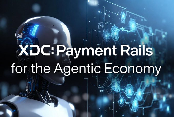 Futuristic AI-themed graphic featuring a robotic head with text reading 'XDC: Payment Rails for the Agentic Economy'.