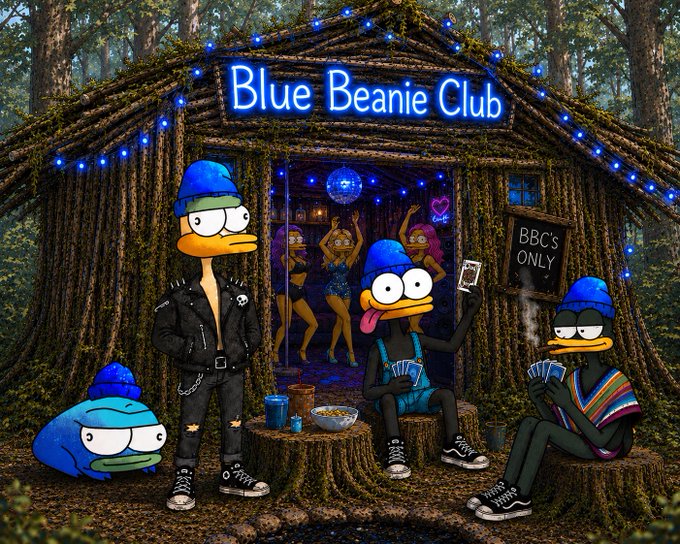 A digital illustration of a forest hideout labeled 'Blue Beanie Club' where cartoon duck characters wearing blue beanies gather outside and dance inside a wooden shack decorated with string lights.