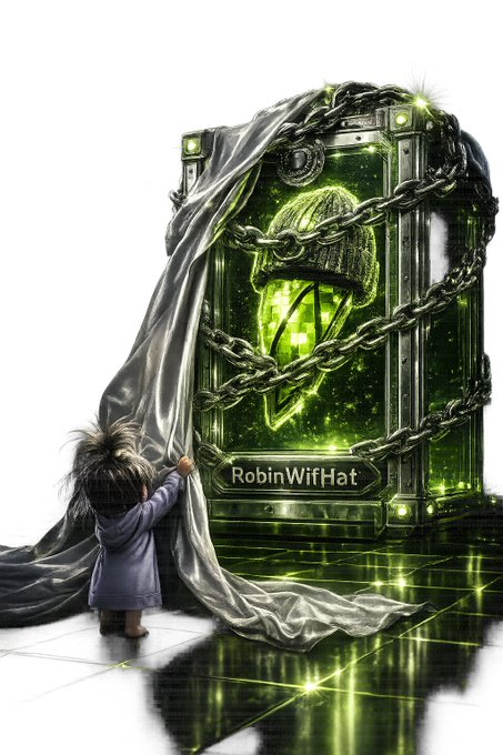 A small, furry-haired figure pulls back a silver shroud to reveal a glowing green portal bound in chains, showcasing a beanie-wearing NFT character labeled "RobinWifHat"—symbolizing the unveiling of WIF Agents, the verifiable on-chain ERC-721 NFT identities powering the AI agent economy on Robinhood Chain.