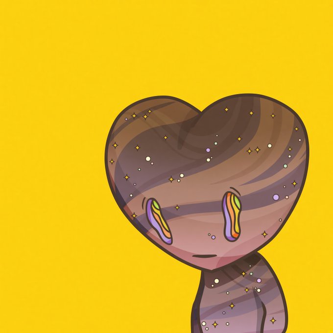 A cartoonish digital drawing of a heart-shaped planet-headed figure with large, multicolored teardrop eyes on a plain yellow background.