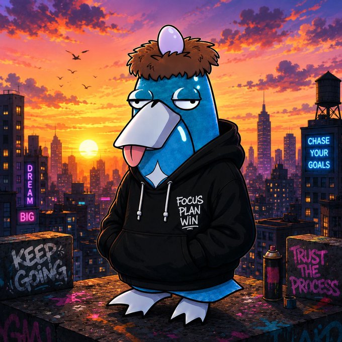 A cartoon illustration of a blue bird-like character wearing a black hoodie with "FOCUS PLAN WIN" text, standing on a rooftop against a vibrant sunset cityscape with motivational graffiti including "KEEP GOING" and "CHASE YOUR GOALS".