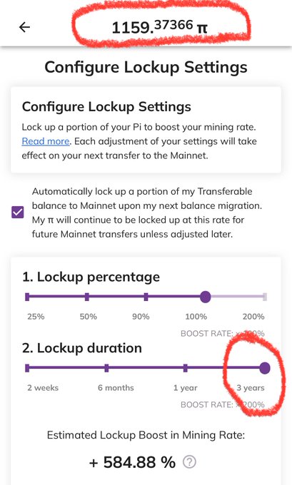 A screenshot of the Pi Network "Configure Lockup Settings" page showing 1159.37366π locked at 100% for 3 years, yielding an estimated mining rate boost of +584.88%. The image illustrates the user's post about locking up their entire Pi portfolio for 3 years, demonstrating a long-term holding strategy.