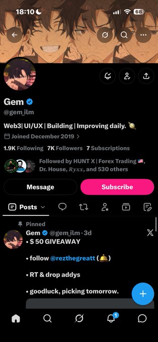 Twitter profile page for 'Gem' (@gem_ilm) displaying a pinned tweet about a '$50 GIVEAWAY', requiring users to follow @rezthegreat, RT, and drop addys to participate.