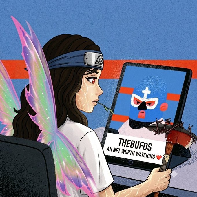 A sad girl with a Naruto headband and butterfly wings gazes at a tablet displaying a blue masked character labeled "THEBUFOS — AN NFT WORTH WATCHING," while holding a hammer with barbed wire, illustrating the project's intriguing hand-drawn storybook aesthetic of secret island characters.