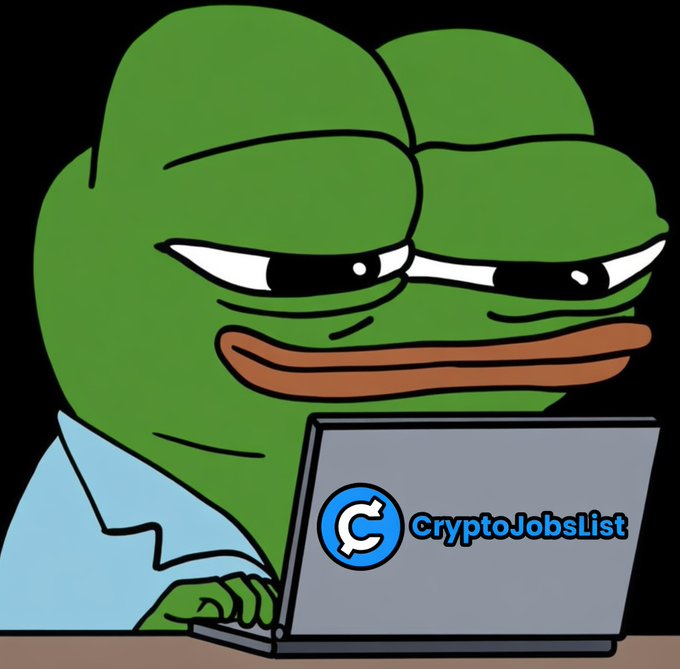The image shows Pepe the Frog wearing a blue shirt and typing on a laptop displaying the "CryptoJobsList" logo. The smug-looking Pepe working diligently on his crypto job search visually reinforces the post's advice to put in effort on job applications rather than expecting to match an "ideal candidate" profile perfectly.
