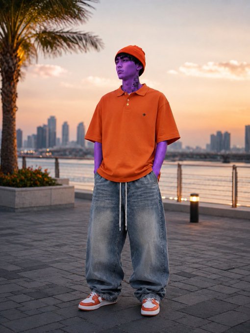 A young man wearing an orange beanie and orange polo shirt with baggy jeans and sneakers poses on a waterfront walkway at sunset with a city skyline in the background.