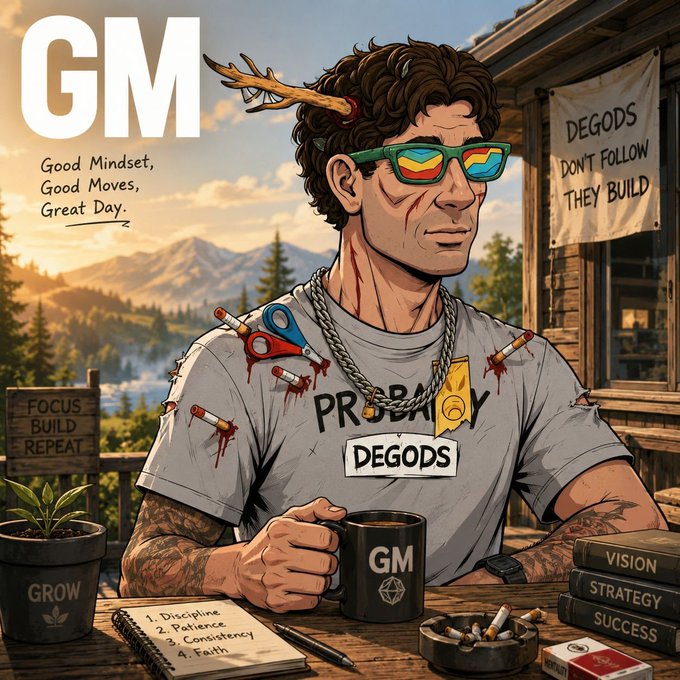 A motivational 'GM' (Good Mindset, Good Moves, Great Day) illustration featuring a rugged character wearing Degods gear, sunglasses, and a 'GM' mug, with banners reading 'DEGODS DON'T FOLLOW THEY BUILD' and 'FOCUS BUILD REPEAT'.