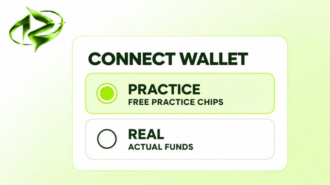 A digital interface screen displays a 'CONNECT WALLET' menu with 'PRACTICE' (Free Practice Chips) and 'REAL' (Actual Funds) options.