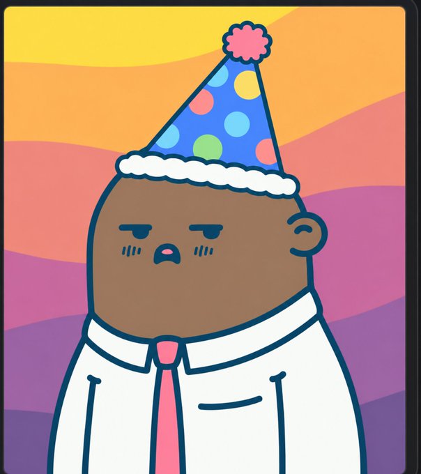 A cartoon baby character wearing a colorful polka-dot party hat and white shirt with pink tie against a rainbow sunset background.