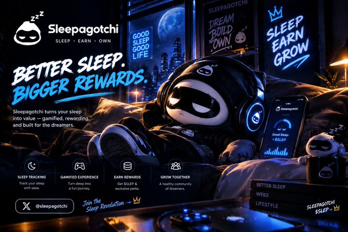 An advertisement for 'Sleepagotchi' with the tagline 'SLEEP • EARN • OWN' shows a panda character wearing a hoodie and headphones sitting on a bed at night, promoting features like 'SLEEP TRACKING', 'GAMIFIED EXPERIENCE', and 'EARN REWARDS'.