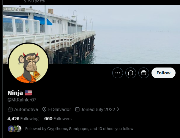 A Twitter/X profile page for "Ninja" (@MtRainier07) with a Bored Ape NFT as the avatar, showing a pier background, 660 followers, and joined July 2022.