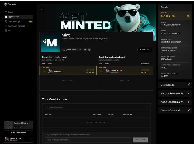 A dashboard for a token called 'Mint' ($MNT) on the Nucleus platform, showing leaderboards and contribution details.