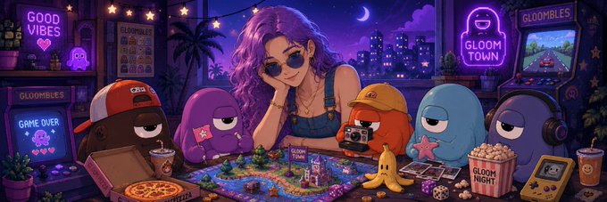 A vibrant neon-lit digital illustration featuring a purple-haired woman surrounded by cartoon characters in a 'GLOOM TOWN' setting with arcade and pizza motifs.