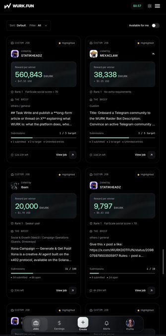 A mobile app screen for WURK.FUN displays a list of campaigns and job postings on the Telegram platform, featuring reward amounts in $WURK tokens such as 560,843 for STAR7HEADZ and 38,338 for MEXACALAW.