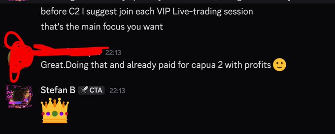 A Discord chat screenshot shows a user stating they "already paid for capua 2 with profits 😃," after receiving advice to "join each VIP Live-trading session" before C2, followed by a user named "Stefan B 🎩CTA" reacting with a crown emoji. The exchange supports the post's claim about Capua 1 and Capua 2 registrations on @CryptoTArena by showcasing a member who earned enough profits to pay for the Capua 2 program.