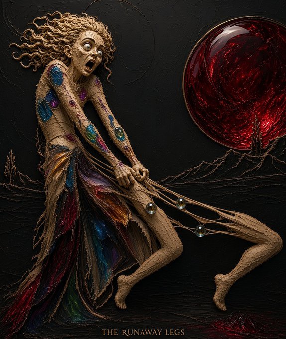 A surreal artwork titled 'THE RUNAWAY LEGS' depicting an emaciated figure pulling stretchy legs away from a large red sphere.
