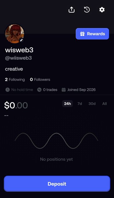 A screenshot of a financial profile for user 'wisweb3' (@wisweb3) showing a balance of '$0.00', 2 Following, 0 Followers, and a 'Deposit' button.