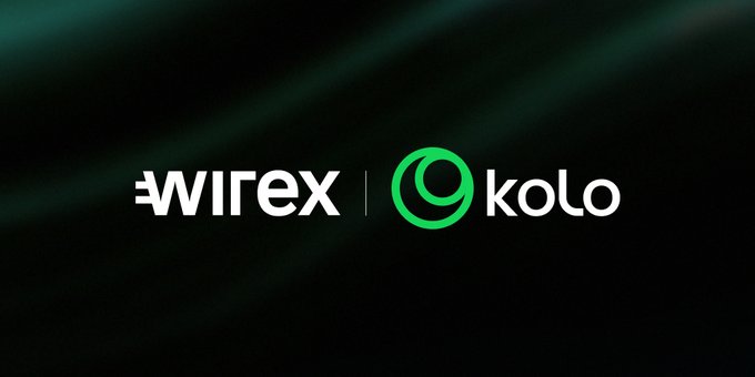 The image displays the logos of "Wirex" and "Kolo" side by side on a black background, visually representing their partnership mentioned in the post about building a unified financial app for managing earned, held, and spent money.