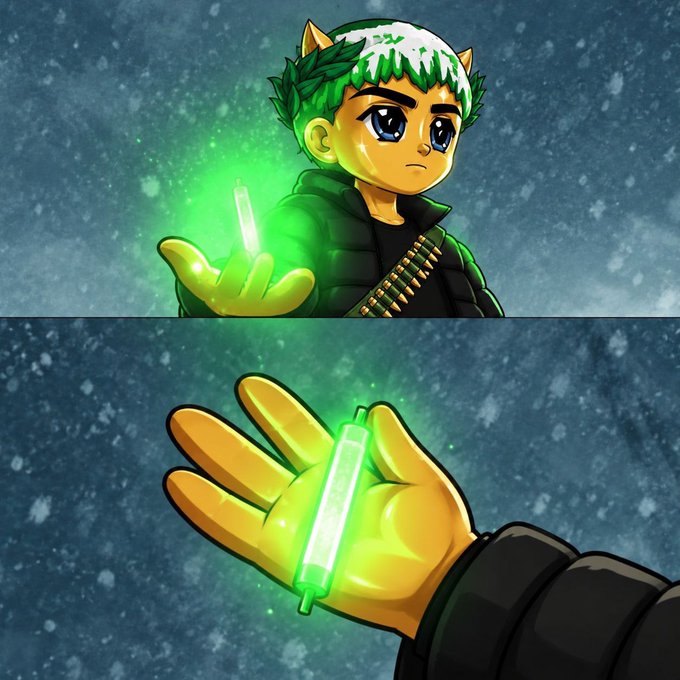 A digital illustration in two panels showing an anime-style character with green hair holding a glowing green cylindrical object, with a close-up of the object in his hand.