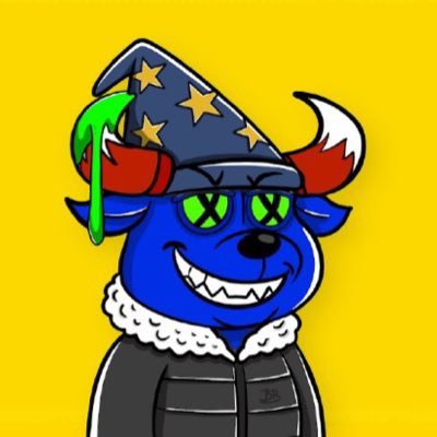 A cartoon illustration of a blue dog-like character with glowing green X-shaped eyes, sharp teeth, and a wizard hat with stars and horns, set against a yellow background.