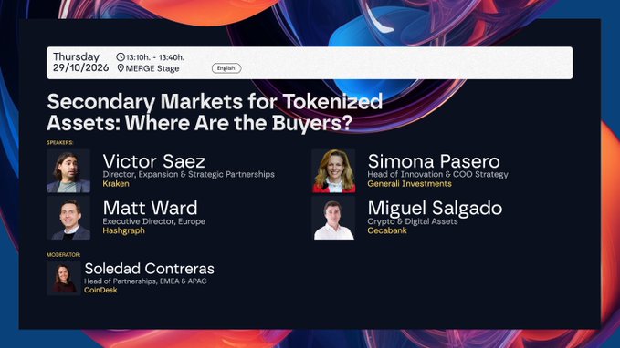A promotional graphic for an upcoming MERGE Madrid panel titled "Secondary Markets for Tokenized Assets: Where Are the Buyers?" scheduled for Thursday, October 29, 2026, from 13:10h–13:40h at the MERGE Stage in English. The panel features speakers Victor Saez (Kraken), Simona Pasero (Generali Investments), Matt Ward (Hashgraph), and Miguel Salgado (Cecabank), moderated by Soledad Contreras of CoinDesk—aligning with the post highlighting Matt Ward's participation alongside representatives from Kraken, Generali Investments, Cecabank, and CoinDesk.