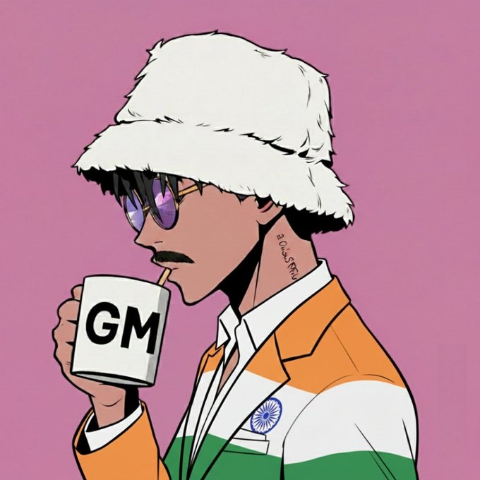 An anime-style illustration shows a character with dark skin, sunglasses, a mustache, a white furry hat, and an Indian flag-themed jacket drinking from a white "GM" mug against a pink background.