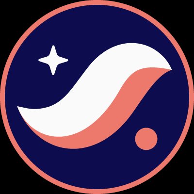 A circular logo featuring a stylized white and pink wave/leaf design with a star and a small circle on a dark blue background with a pink border.