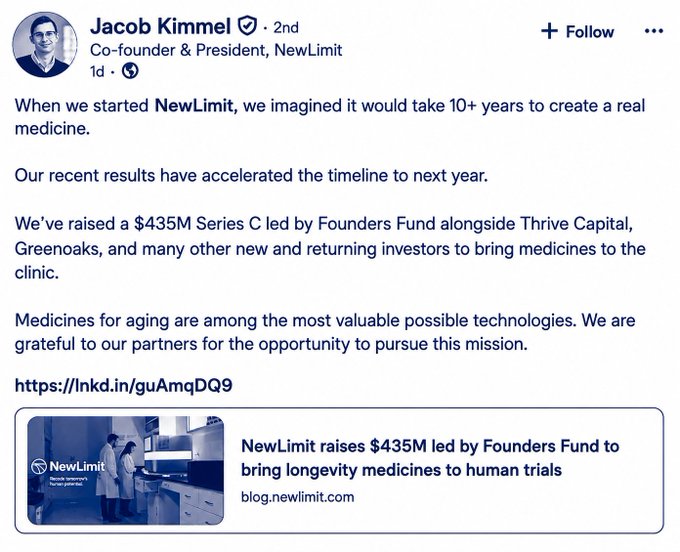 In this image, there is a screenshot of a Facebook post featuring two profiles side by side. The left profile shows Jacob Kimmel and Brian Armstrong along with their names as the authors of the post. The right profile has an article related to NewLimit written about them. The focus of the image is on both the author's profiles and the content of the posts, highlighting their connection to the Facebook content.