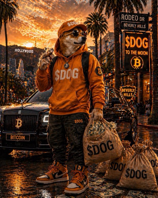 An AI-generated meme image featuring an anthropomorphic dog in an orange '$DOG' hoodie and cap, holding money bags labeled '$DOG' in front of a Rolls-Royce with a Bitcoin logo, set in Beverly Hills with '$DOG TO THE MOON' signage.