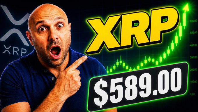 A surprised-looking man points at bold "XRP" text and a "$589.00" price tag, with a green candlestick chart trending upward in the background, visually amplifying the post's claim about a major US tokenized money market fund sandbox development that could impact XRP's institutional relevance.