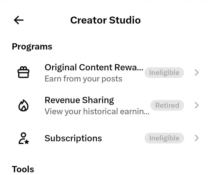 A mobile screenshot of TikTok's Creator Studio showing Programs section with Original Content Rewards and Subscriptions marked 'Ineligible', and Revenue Sharing marked 'Retired'.