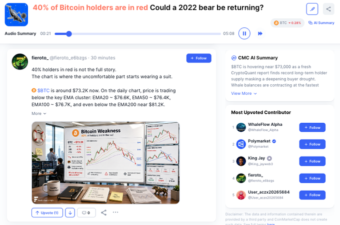 The image shows a screenshot of a webpage featuring information about Bitcoin, particularly focusing on its current trading situation. The headline reads "HOT TOPIC: Bitcoin'S whales just hit the brakes 40% of $BTC is now underwater while the biggest structural buyers go quiet". This indicates that many Bitcoin users are either selling or buying, causing a significant impact on the market dynamics. Additionally, there is a chart displayed showing how Bitcoin values have dropped over time, which can be seen as yet another indicator of its current state. The image also includes a message about a post related to Bitcoin in the form of a caption.
