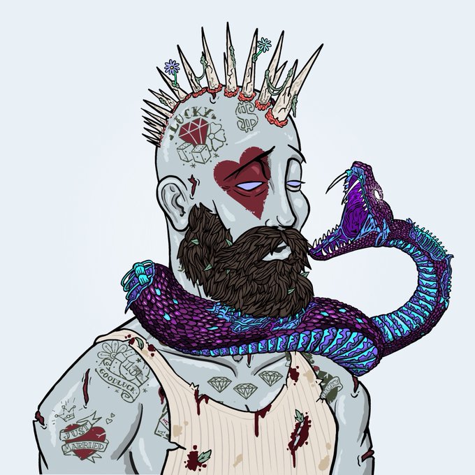 This image is of a man with multiple piercings featured by the DeGods NFTs account. The caption "Gm @DeGodsNFT" likely refers to the idea of "good morning" and is the typical greeting used by the DeGods NFT Community. The poster may be exhibiting art related to the DeGods NFT by prompting others to view the file. The NFT collection debuted in March 2021 co-created by Moises "DeathFur" and Trevor "VoodooPhoenix".