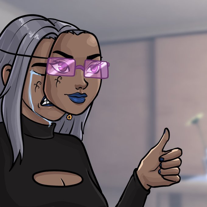 The image depicts a stylized cartoon character—a woman with long silver hair, purple-tinted glasses, a nose ring, and blue lipstick, giving a thumbs-up while giving a strained, forced smile. The illustration accompanies the riddle "I sell it pumps I hold it dumps I ignore it runs I sweep it rugs What am I?"—suggesting the answer is "a scammer" or "a rug-puller" in crypto, with the character's awkward, insincere grin visually embodying the deceitful persona of someone who manipulates markets before disappearing.