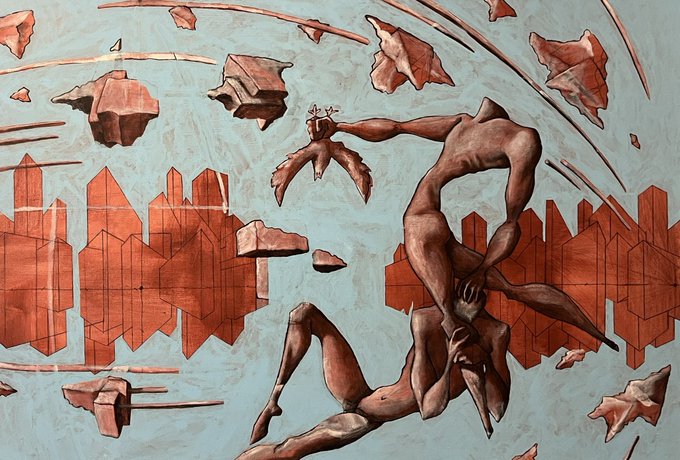This surrealist painting depicts abstract figures and architectural elements suspended in a dreamlike sky, representing the journey from "GM" (likely Good Morning) to "Finish" in a metaphorical sense.