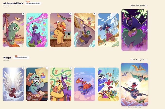 A webpage showing two NFT collections: 'All Hands Off Deck' and 'Wing It!', featuring cartoon-style illustrations of characters like dragons, dinosaurs, and parrots.
