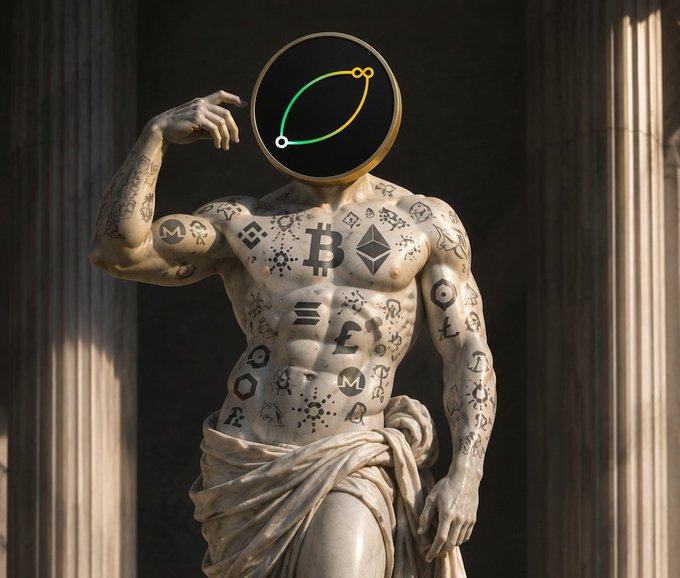 The image features a statue of a muscular man with tattoos covering his entire body, including his head. The statue appears to be made of stone or marble and is positioned in front of columns, suggesting that it might be located within an ancient building or temple. The statue's design includes various symbols and logos, which could represent different aspects of the digital currency world.