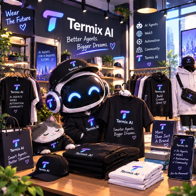 A Termix AI merchandise store featuring a robot mascot, t-shirts, hoodies, caps, and plush toys with branding 'Better Agents. Bigger Dreams.' and 'Wear The Future'.