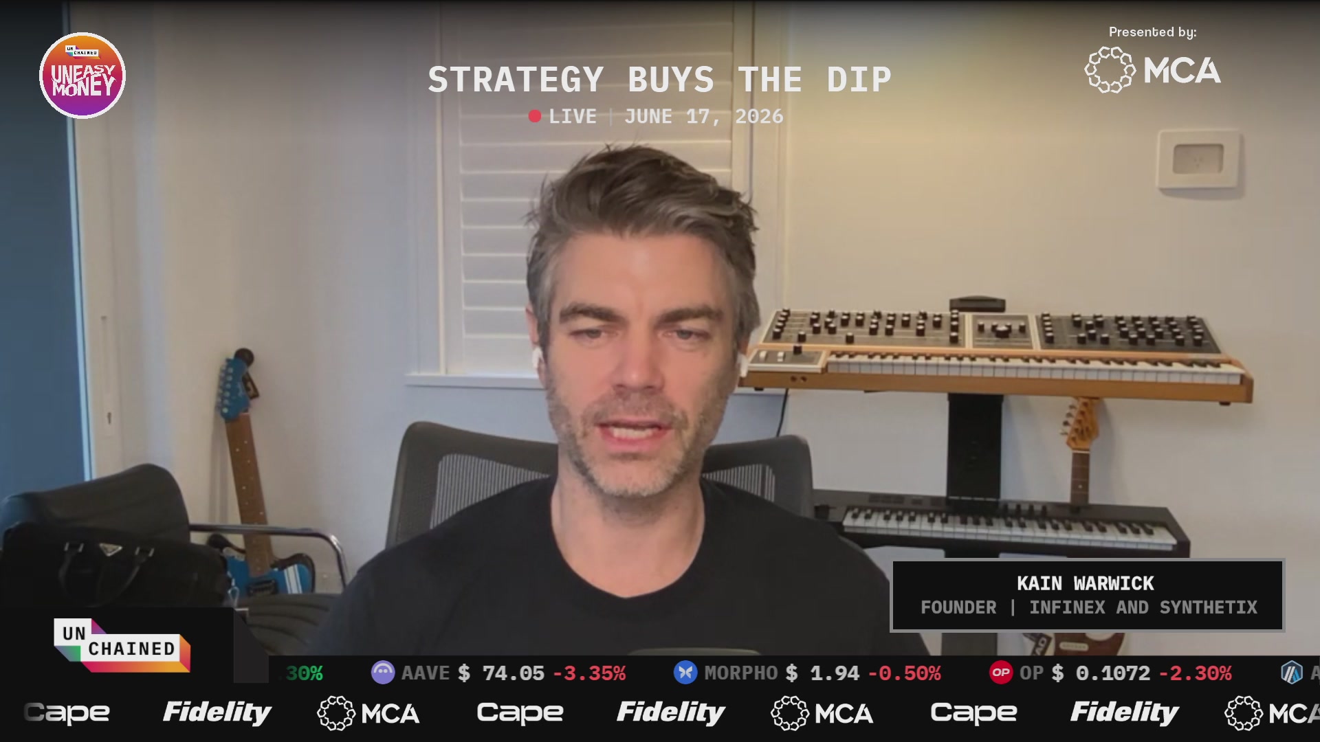 The image shows a man sitting at a desk with a computer screen displaying a video conference call. The man appears to be talking to someone, possibly discussing strategy or business matters related to cryptocurrency trading. The background of the image features a keyboard and a guitar, suggesting that the setting could be an office environment where the man is working on his crypto projects.